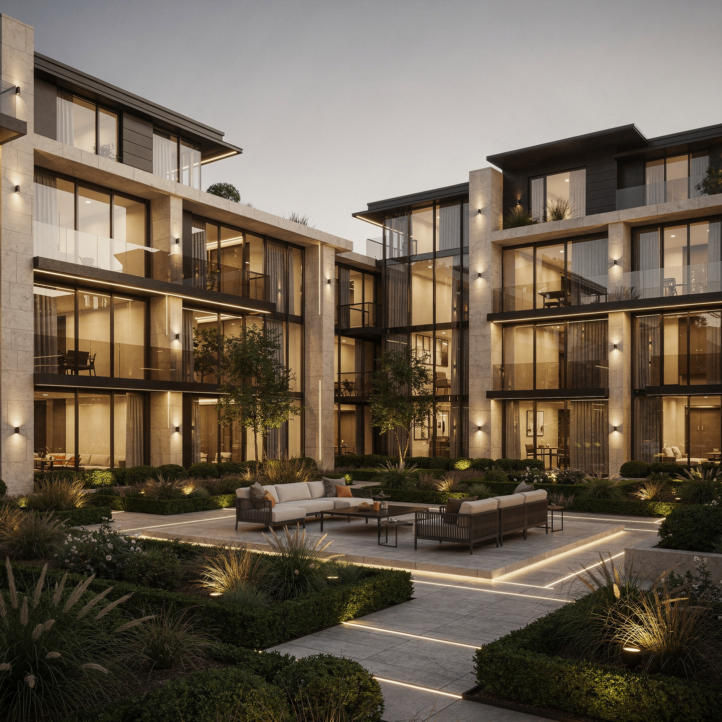 Modern multifamily residential community courtyard at dusk